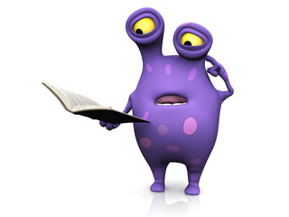 A spotted monster reading book and looking confused. © Sarah Holmlund