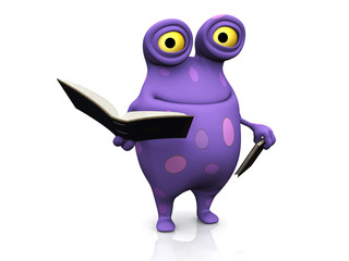 A spotted monster holding books.