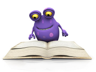A spotted monster reading a big book.
