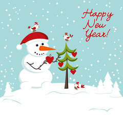 the snowman decorates a Christmas tree hearts