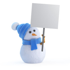 Blue snowman with blank placard