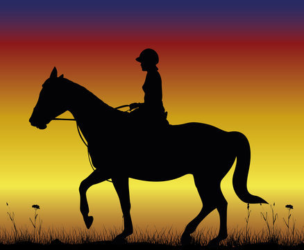 girl on horse - dressage on the backdround of sunset