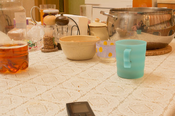 Table set for a dinner table with a blurred background.