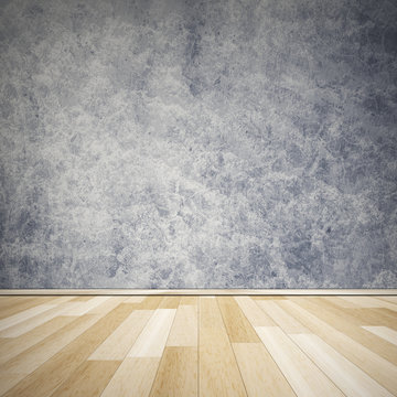 Empty room with parquet and grungy blueish wall