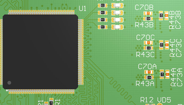 PCB green with elements. Top view.