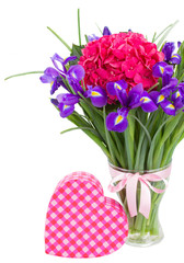hortensia and iris flowers with gift box