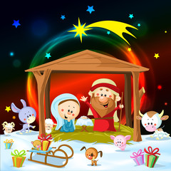 Obraz na płótnie Canvas christmas nativity with lights and cute animals