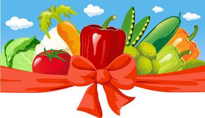 vector horizontal design with vegetable, bow and blue sky