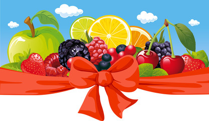 vector horizontal design with fruit, bow and blue sky