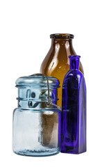 Blue and Brown Glass Bottles Isolated