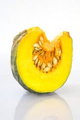 Cut a piece of ripe pumpkin on a white background