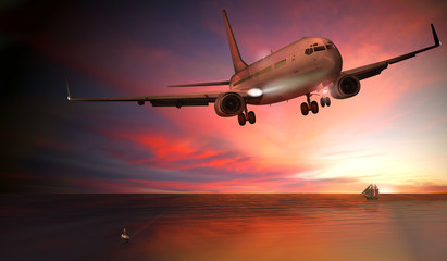 Passagierflugzeug, Landung bei Sonnenuntergang über dem Meer