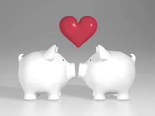 Piggy bank - two white pigs with red heart