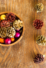 Christmas decorations on wooden background