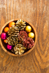 Christmas decorations on wooden background