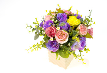 Colorful roses in a vase on white background and with clipping p