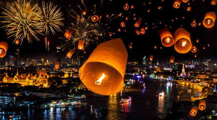 New year celebration with firework and yeepeend float