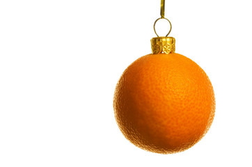 Juicy tangerine as a xmas ball, isolated on white