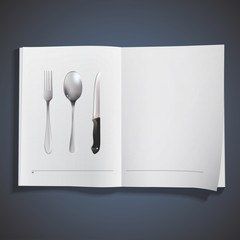 Realistic knife, fork and spoon printed on book