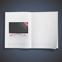 Realistic TV with red ribbons printed on book.