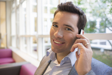 Portrait of a smiling young businessman using cellphone on sofa,