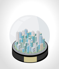 Snow globe with a cartoon isometric city with buildings