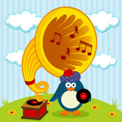 penguin with a gramophone - vector illustration
