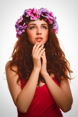 beautiful woman face model close-up head beauty, wreath flowers