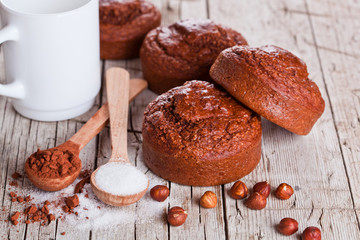 fresh baked browny cakes, milk, sugar, hazelnuts and cacao