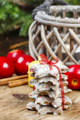 Christmas gingerbread cookies on wooden table. Beautiful symbol