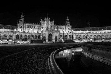 Spanish Square (Plaza de España) in Sevilla at night, Spain.