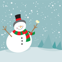 Cute christmas snowman and little bird