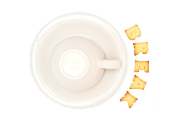 Break - Biscuits letters and coffee cup on white background