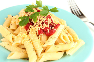 Rigatoni pasta dish with tomato sauce close up