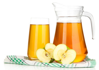 Full glass and jug of apple juice and apples isolted on white