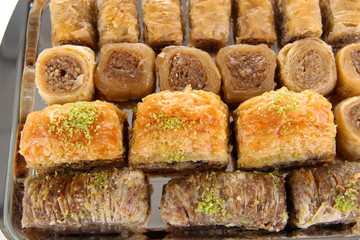 Sweet baklava on tray close-up