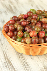 Obraz premium Fresh gooseberries in wicker basket on table close-up
