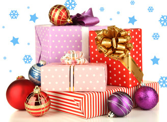 Gifts with christmas decorations, isolated on white