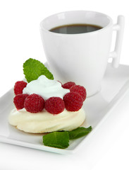 Tasty meringue cake with berries and cup of coffee, isolated