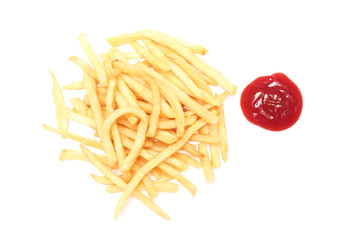french fries and ketchup on white background