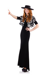 Fototapeta premium Woman in black dress and hat isolated on white