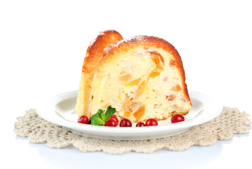 Slice of tasty homemade cake with berries, isolated on white
