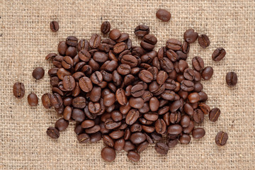 Coffee beans in a sacking background