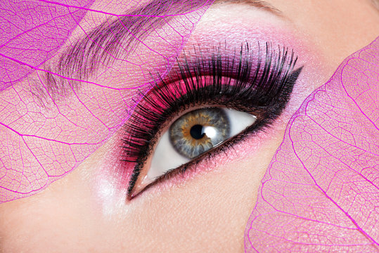 Female Eye With  Beautiful Fashion Bright Pink Makeup