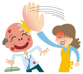 酔っぱらいの夫にチョップする奥さん