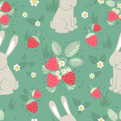 Rabbits and wild strawberries seamless pattern