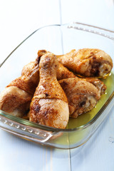 Roasted marinated chicken drumsticks.