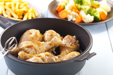 Roasted marinated chicken drumsticks.