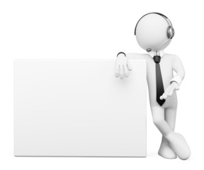 3D white people. Operator with a blank poster