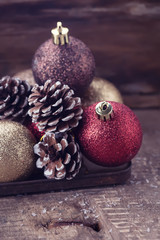 Decorative christmas composition on wooden background